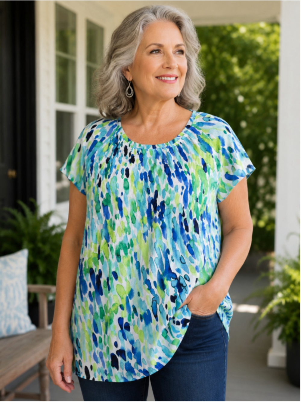 Melissa Paige Blouse L Blue Green Watercolor Print Women’s Size L